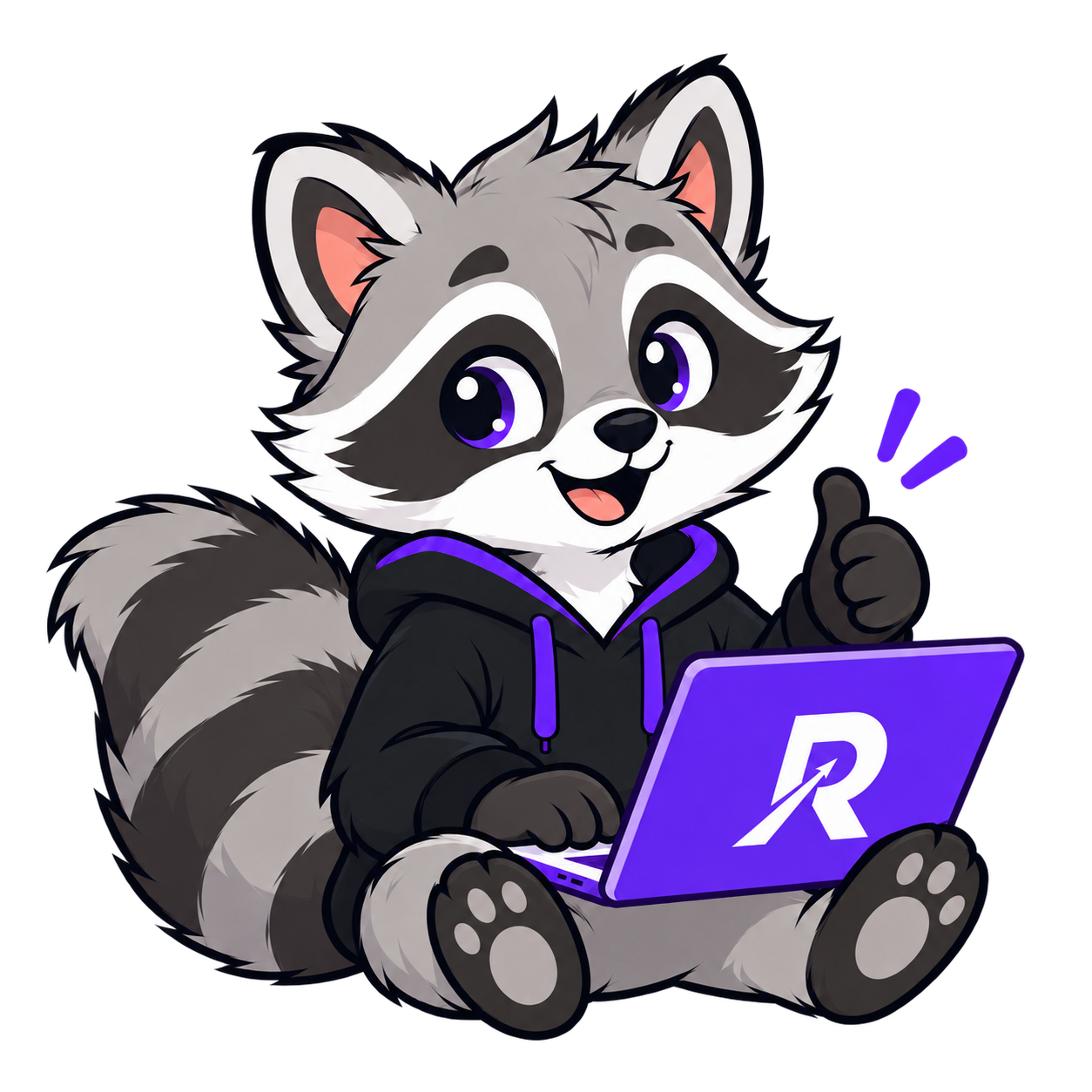 Revenue Reactor raccoon mascot with a purple laptop, giving a thumbs-up